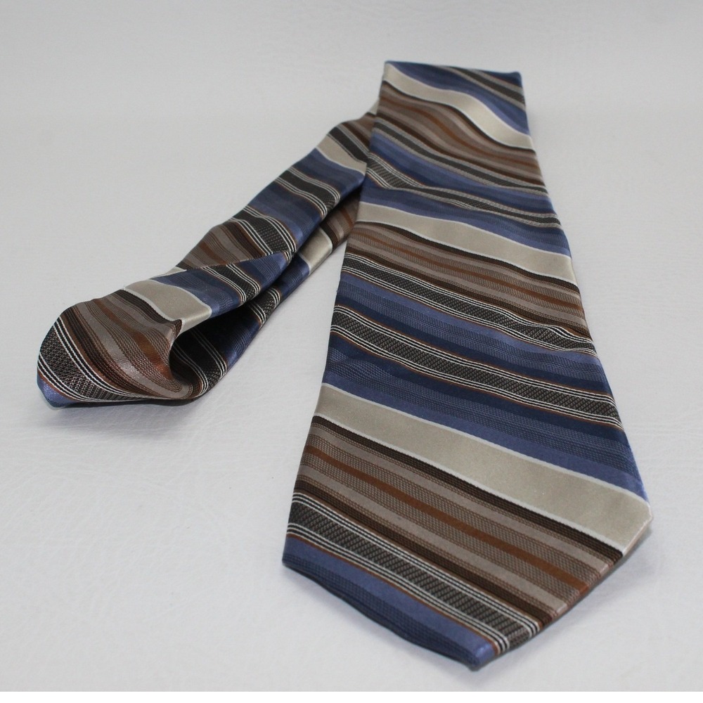 NWT CK Calvin Klein Mens Blue Brown Striped 100% Silk Extra Long Necktie 879L